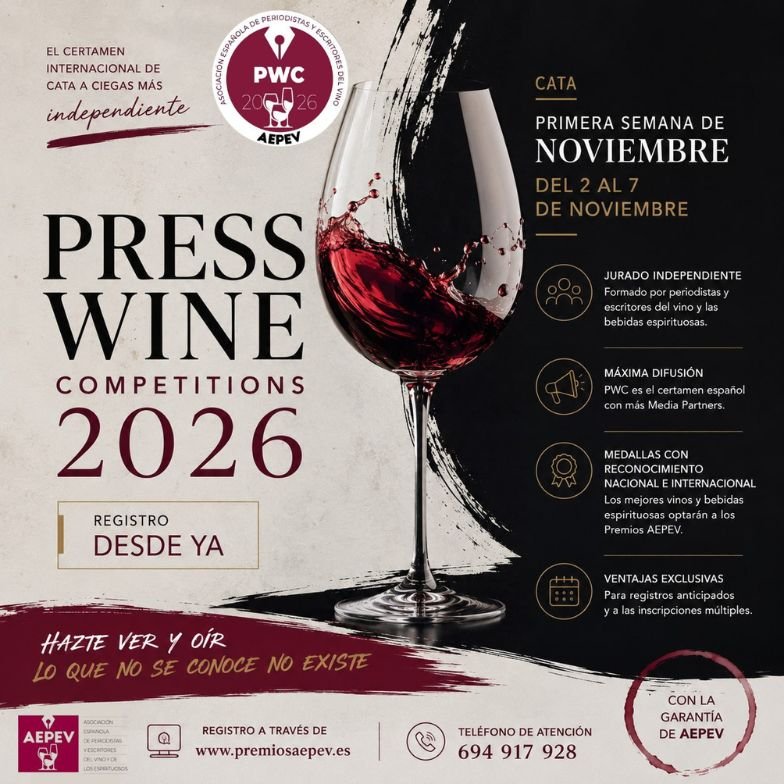 Cartel oficial de la segunda edición del concurso de cata a ciegas Press Wine Competitions PWC 2026 organizado por la AEPEV